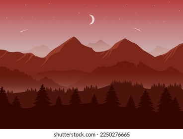 mountains landscape vector illustration. Pine forest and mountain red silhouettes background.