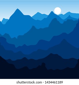 mountains landscape vector illustration,blue ,flat style,silhouette