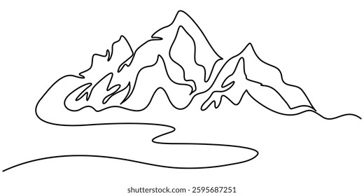 Mountains landscape view. Continuous one line drawing, Hill one line art illustration, black and white single portrait, Panorama of high mountains and mountain river. Nature. pro vector style.