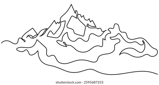 Mountains landscape view. Continuous one line drawing, Hill one line art illustration, black and white single portrait, Panorama of high mountains and mountain river. Nature. pro vector style.