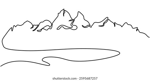 Mountains landscape view. Continuous one line drawing, Hill one line art illustration, black and white single portrait, Panorama of high mountains and mountain river. Nature. pro vector style.