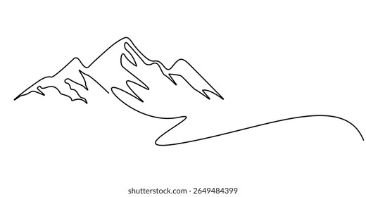 Montanhas paisagem vista. Desenho contínuo de uma linha, Um desenho contínuo de linha de paisagem de cordilheira, Montanhas desenho contínuo de uma linha. Sinal de montanha em estilo linear simples.