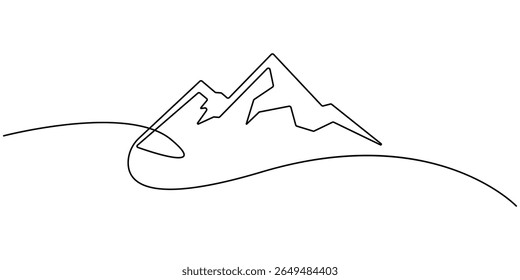 Mountains landscape view. Continuous one line drawing, One continuous line drawing of mountain range landscape, Mountains continuous one line drawing. Mountain sign in simple linear style.