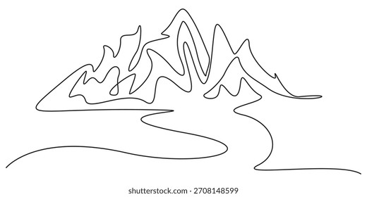 Blick auf die Berge. Kontinuierliche einzeilige Zeichnung, Eine kontinuierliche Linienkarte der Gebirgslandschaft, Gebirge kontinuierliche einzeilige Zeichnung. Gebirgsschild im einfachen linearen Stil.
