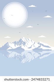 Mountains landscape with white peaks illustration. Modern boho background with winter frozen Alps near lake.