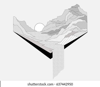 Mountains landscape,hills and river on background. Flat line style vector illustration.