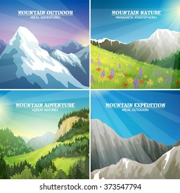 Mountains landscapes 4 flat icons square composition with alpine meadow flowers and icy peaks for travelers vector illustration 
