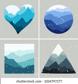 Mountains landscapes in different shapes. Logo design elements. Vector illustration set. Outdoor, travel, adventure concept.