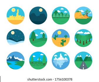 mountains and Landscapes icon set over white background, flat style, vector illustration