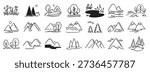 Mountains landscapes nature with pine forest, river, mount and hills doodle hand drawn icon set. Outline drawing rocky horizon environment line clipart symbol collection. . Vector illustration