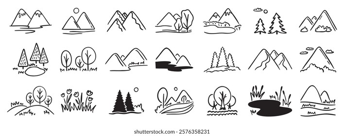 Mountains landscapes nature with pine forest, river, mount and hills doodle hand drawn icon set. Outline drawing rocky horizon environment line clipart symbol collection. . Vector illustration