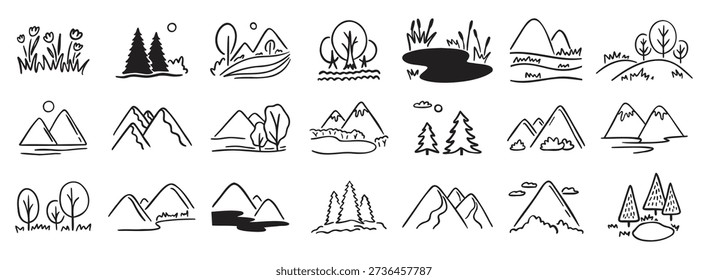 Mountains landscapes nature with pine forest, river, mount and hills doodle hand drawn icon set. Outline drawing rocky horizon environment line clipart symbol collection. . Vector illustration