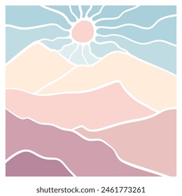 Afiches panorámicos de montañas. Formas de garabatos orgánicos estilo matisse, arte naif, fondos contemporáneos. Ilustración vectorial del desierto y las montañas