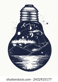 Mountains in a light bulb tattoo. Magic symbol of psychology, travel, meditation, idea, tourism, education, harmony. Esoteric t-shirt design concept