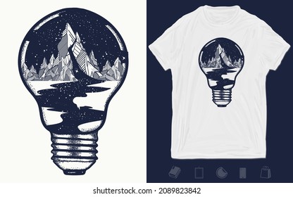 Mountains in a light bulb, tattoo. Symbol of a travel, tourism. Outdoor t-shirt design. Vector graphics template. Hand drawn illustration 