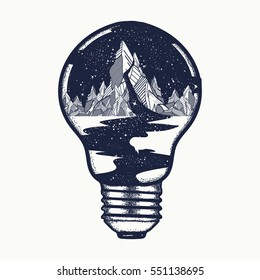 Mountains in a light bulb, tattoo. Symbol of a travel, tourism. River of stars flows from the mountains t-shirt design. Endless universe 