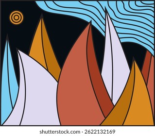 Mountains line art print. Abstract mountain contemporary aesthetic backgrounds landscapes. Vector illustrations. Sun and clouds