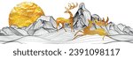 Mountains line art wallpaper. Landscape background design with deer and sun. Vector illustration.