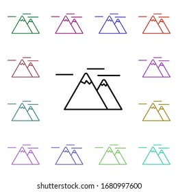 Las montañas alinean un icono de estilo multicolor. Línea delgada simple, contorno vectorial de iconos de camping para ui y ux, sitio web o aplicación móvil