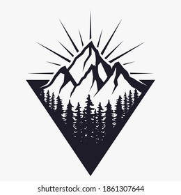 Mountains logo for badge or label design template with mountain peak and forest silhouette built in triangle shape and with sunburst. Isolated on white background. Vector illustration