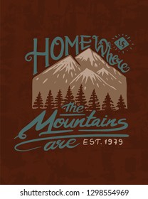 Mountains logo. Camping label. . Trip in the forest, outdoor and adventure and pine trees. Colored badge on the chalkboard. Hand drawn vintage pin.