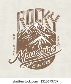 Mountains logo. Camping label. . Trip in the forest, outdoor and adventure and pine trees. Colored badge on the chalkboard. Hand drawn vintage pin.
