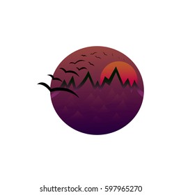 Mountains logo design. Birds on a beautiful sunset. 