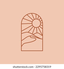 Mountains logo design with a lined landscape and sunset in arch doorway shape. Vector illustration design
