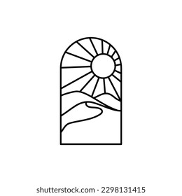 Diseño del logo de las montañas con un paisaje forrado y puesta de sol en forma de puerta de arco. Diseño de ilustración de vector
