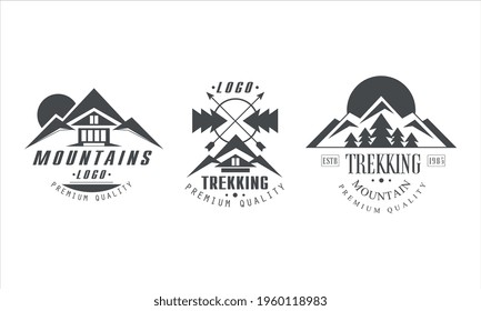 Mountains Logo Design Templates Set, Mountain Trekking Premium Quality Monochrome Retro Badges Cartoon Vector Illustration