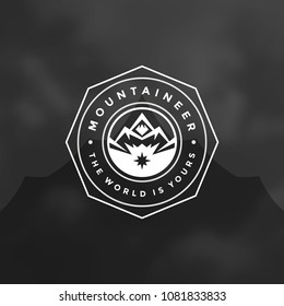 Mountains logo design vector illustration. Outdoor adventure expedition, mountains silhouette shirt, print stamp. Vintage typography badge template.