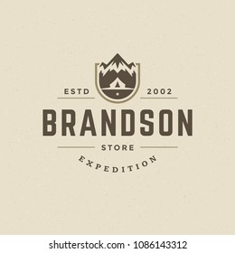 Mountains logo design vector illustration. Outdoor adventure expedition, mountains silhouette shirt, print stamp. Vintage typography badge template.