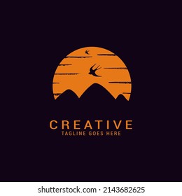Mountains logo design vector template and flying birds