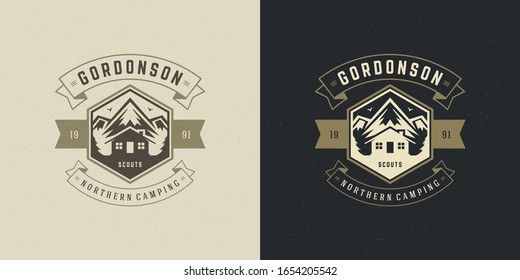 Mountains logo emblem outdoor adventure camping vector illustration mountain and cabin silhouettes for shirt or print stamp. Vintage typography badge design.