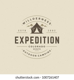 Mountains logo emblem vector illustration. Outdoor adventure expedition, mountains silhouette shirt, print stamp. Vintage typography badge design.