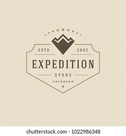 Mountains logo emblem vector illustration. Outdoor adventure expedition, mountains silhouette shirt, print stamp. Vintage typography badge design.