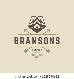 Mountains logo emblem vector illustration. Outdoor adventure expedition, mountains silhouette shirt, print stamp. Vintage typography badge design.