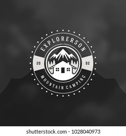 Mountains logo emblem vector illustration. Outdoor adventure camping, mountains and tent silhouettes shirt, print stamp. Vintage typography badge design.