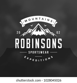 Mountains logo emblem vector illustration. Outdoor adventure expedition, mountains silhouette shirt, print stamp. Vintage typography badge design.