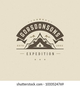 Mountains logo emblem vector illustration. Outdoor adventure expedition, mountains silhouette shirt, print stamp. Vintage typography badge design.