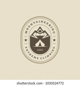 Mountains logo emblem vector illustration. Outdoor adventure expedition, mountains silhouette shirt, print stamp. Vintage typography badge design.