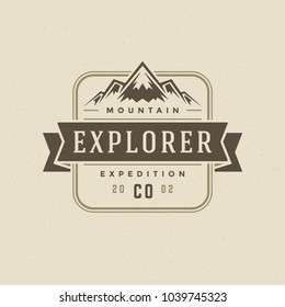 Mountains logo emblem vector illustration. Outdoor adventure expedition, mountains silhouette shirt, print stamp. Vintage typography badge design.