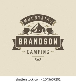 Mountains logo emblem vector illustration. Outdoor adventure expedition, mountains silhouette shirt, print stamp. Vintage typography badge design.