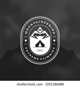 Mountains logo emblem vector illustration. Outdoor adventure expedition, mountains silhouette shirt, print stamp. Vintage typography badge design.