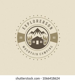 Mountains logo emblem vector illustration. Outdoor adventure expedition, mountains silhouette shirt, print stamp. Vintage typography badge design.