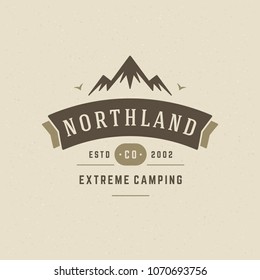 Mountains logo emblem vector illustration. Outdoor adventure expedition, mountains silhouette shirt, print stamp. Vintage typography badge design.
