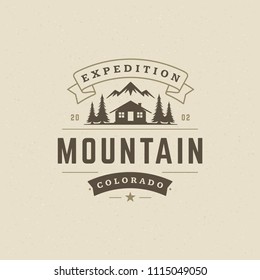 Mountains logo emblem vector illustration. Outdoor adventure camping, mountains and tent silhouettes shirt, print stamp. Vintage typography badge design.