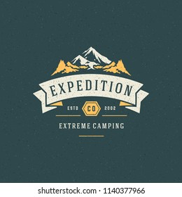 Mountains logo emblem vector illustration. Outdoor adventure expedition, mountains silhouette shirt, print stamp. Vintage typography badge design.