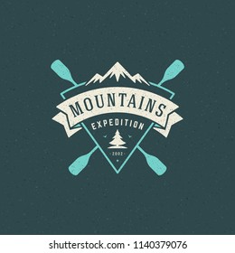 Mountains logo emblem vector illustration. Outdoor adventure expedition, mountains silhouette shirt, print stamp. Vintage typography badge design.