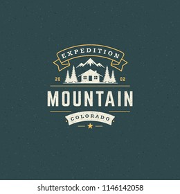 Mountains logo emblem vector illustration. Outdoor adventure camping, mountains and tent silhouettes shirt, print stamp. Vintage typography badge design.